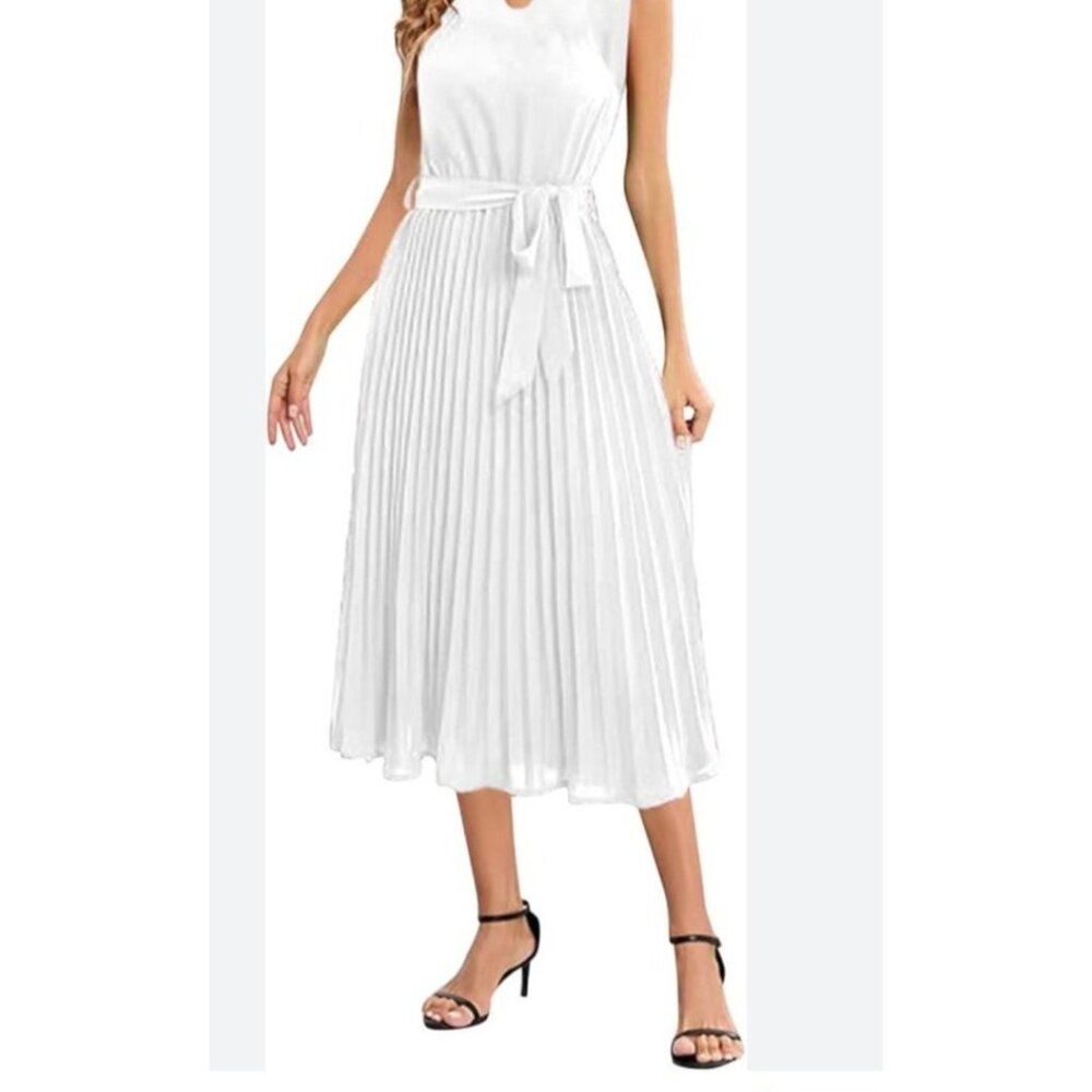 Tahari White Sleeveless Pleated Midi Dress Size 12 With Waist Tie Polyester Line